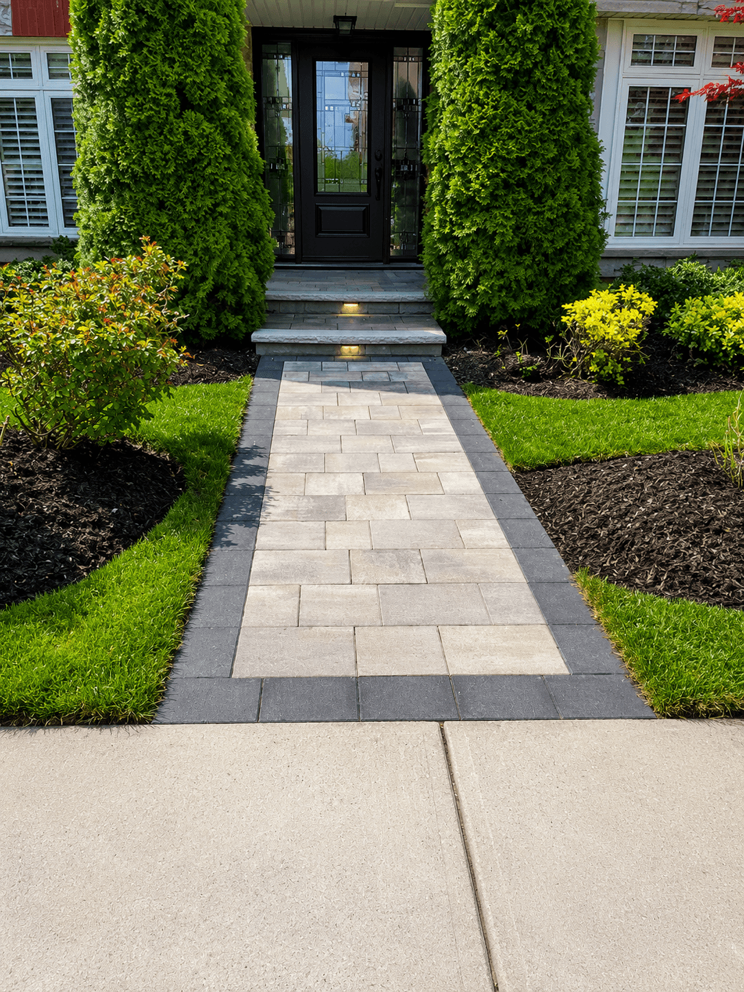 Stone paver walkway with banded border leading to a front door