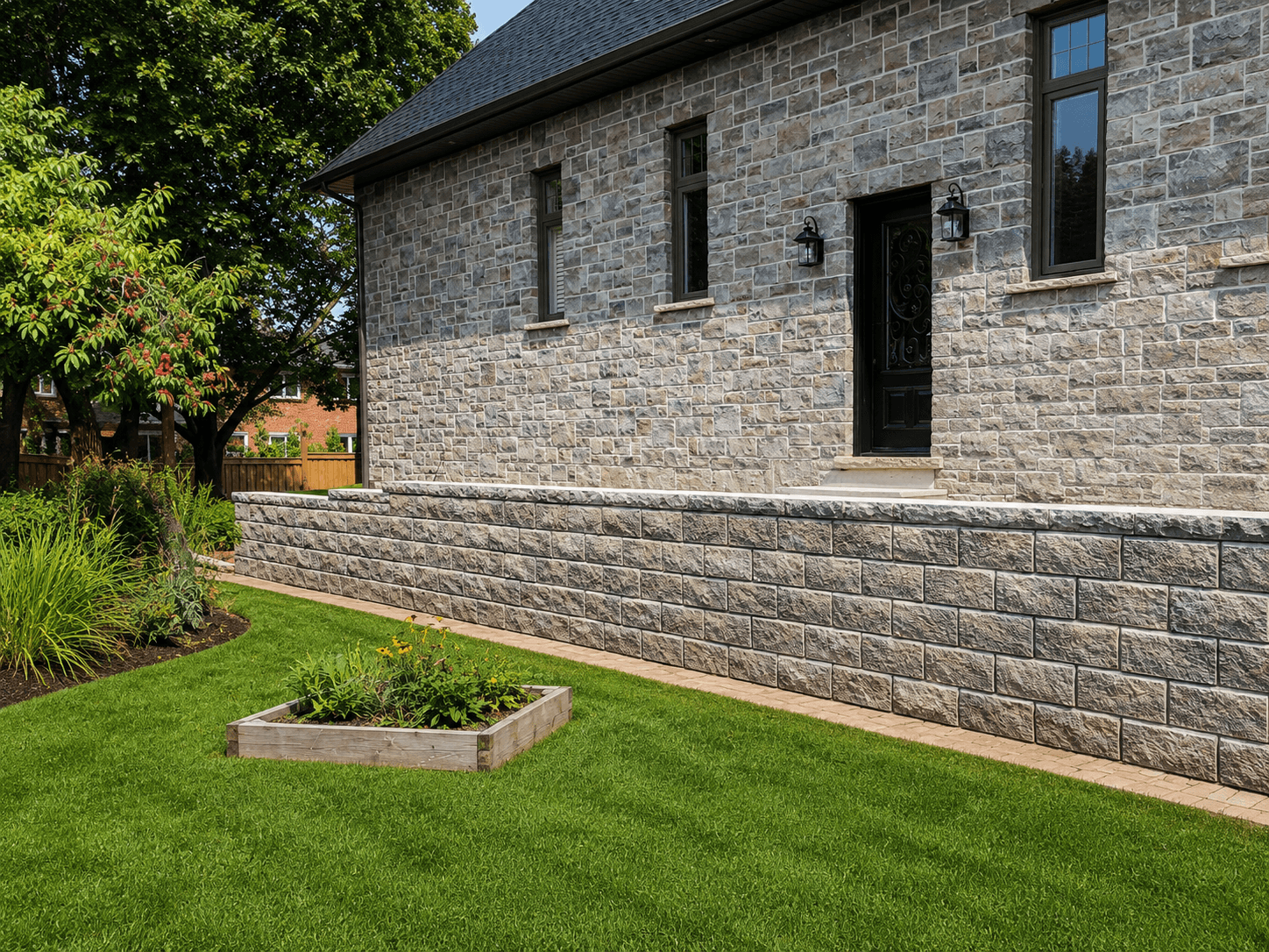 Multi-course stone retaining wall along a side yard