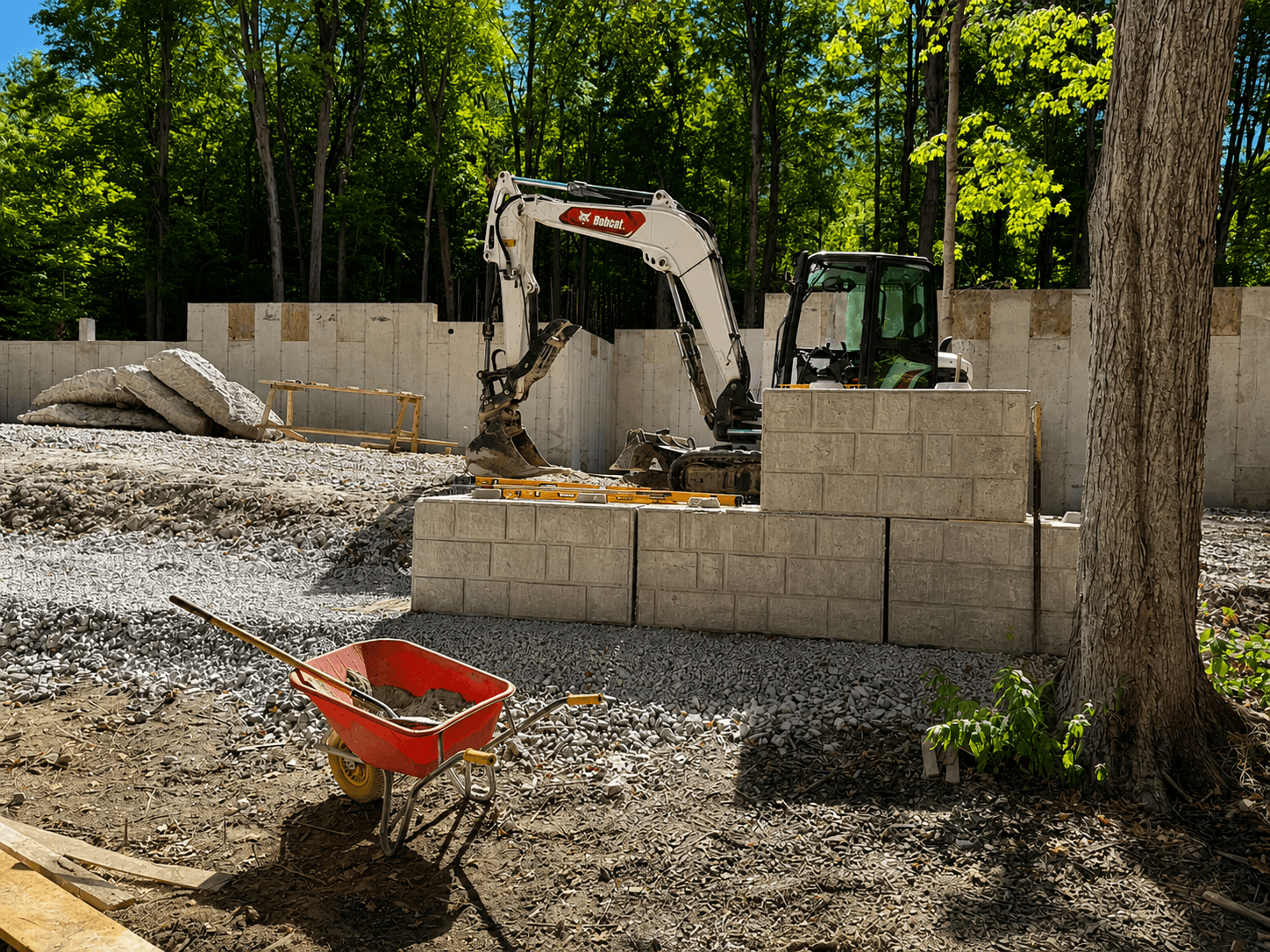 Mini excavator next to a freshly laid concrete block foundation
