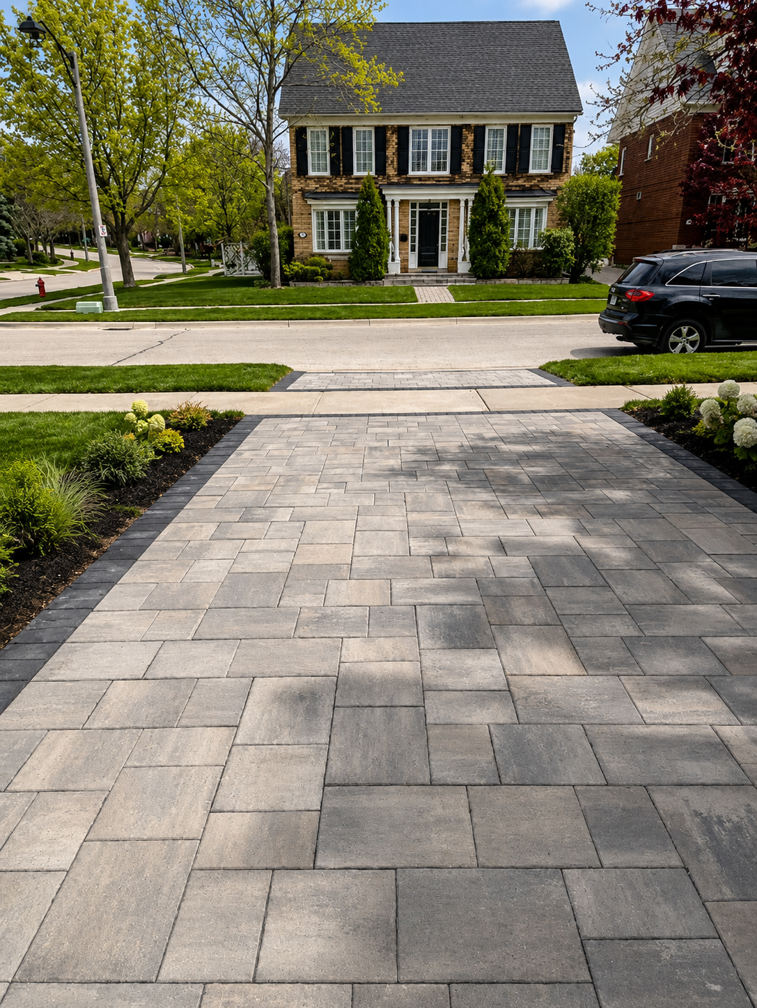 Wide interlocking paver driveway leading to a brick colonial home