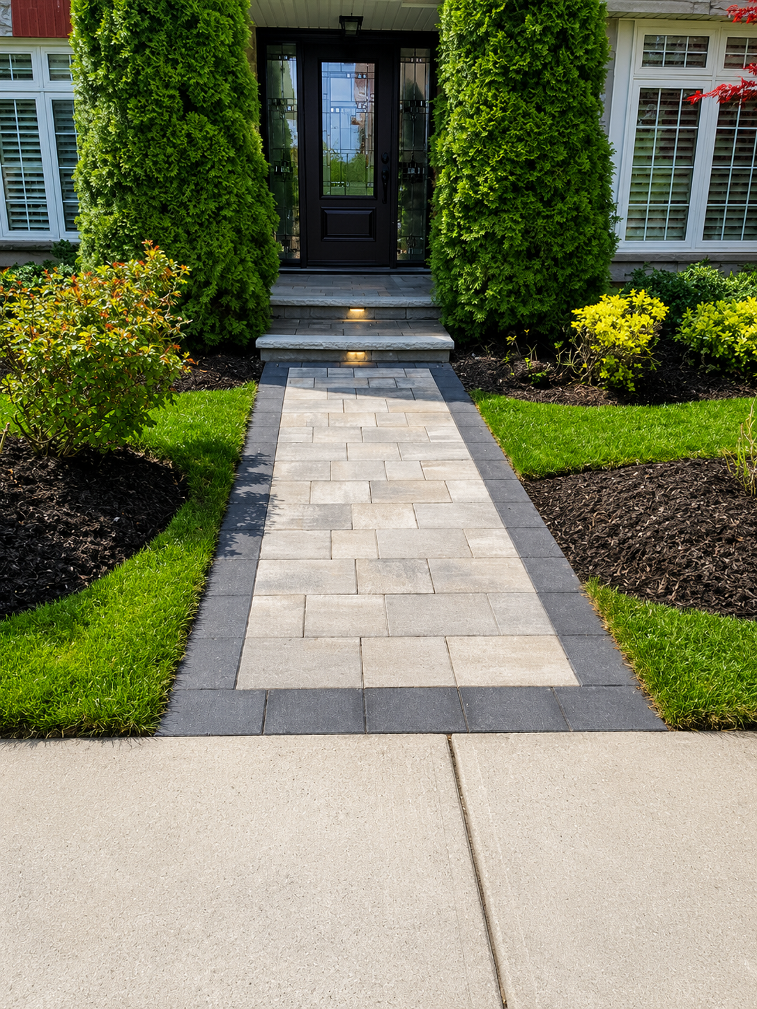 Stone paver walkway with banded border leading to a front door