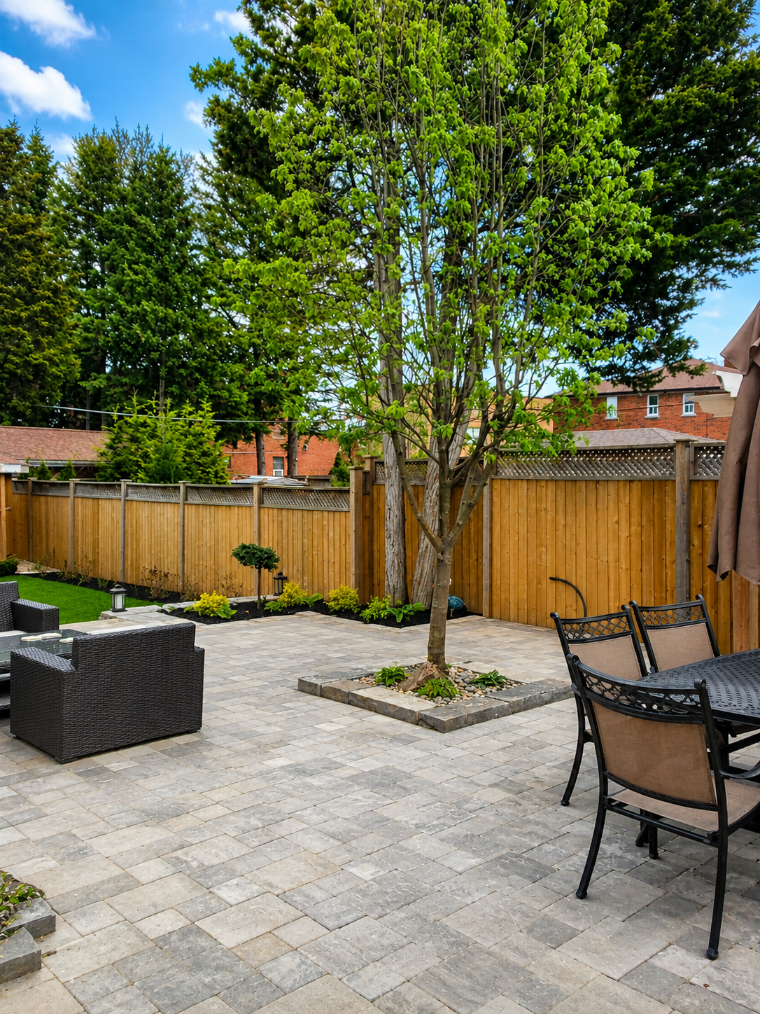 Backyard paver patio with patio furniture and feature tree well